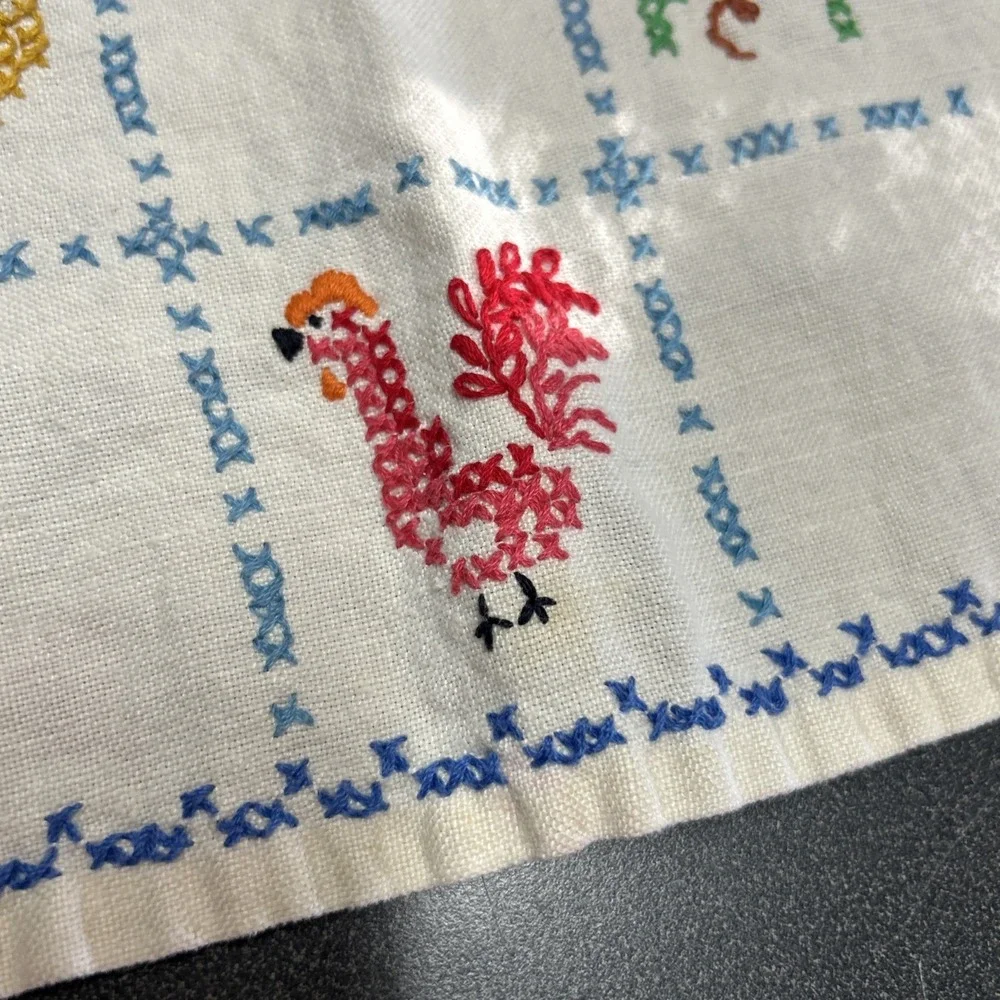 Hand Sewn Cross Stitch Kitchen Towel Vintage Fruits Rooster Vegetables